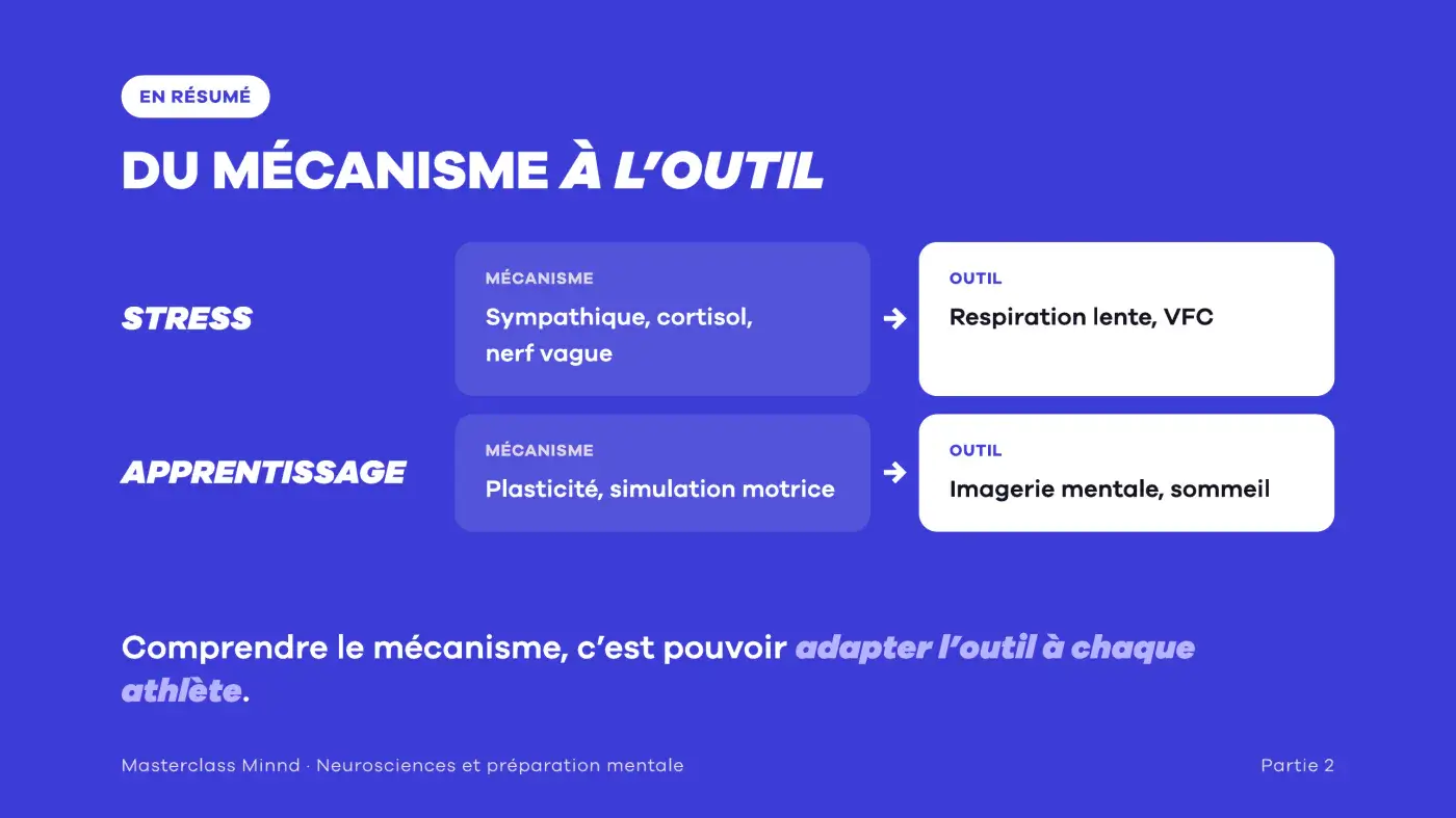 Du mécanisme à l'outil : stress vers respiration lente et VFC, apprentissage vers imagerie mentale et sommeil