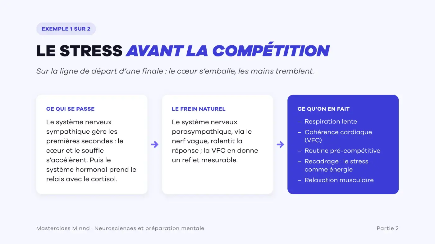 Le stress avant la compétition : système sympathique, frein du nerf vague, puis outils comme la respiration lente et la routine pré-compétitive